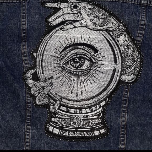 SOLD!!Chilling Adventures of a Hell Witch Calvin Klein y2k patch jean jacket - Picture 7 of 16
